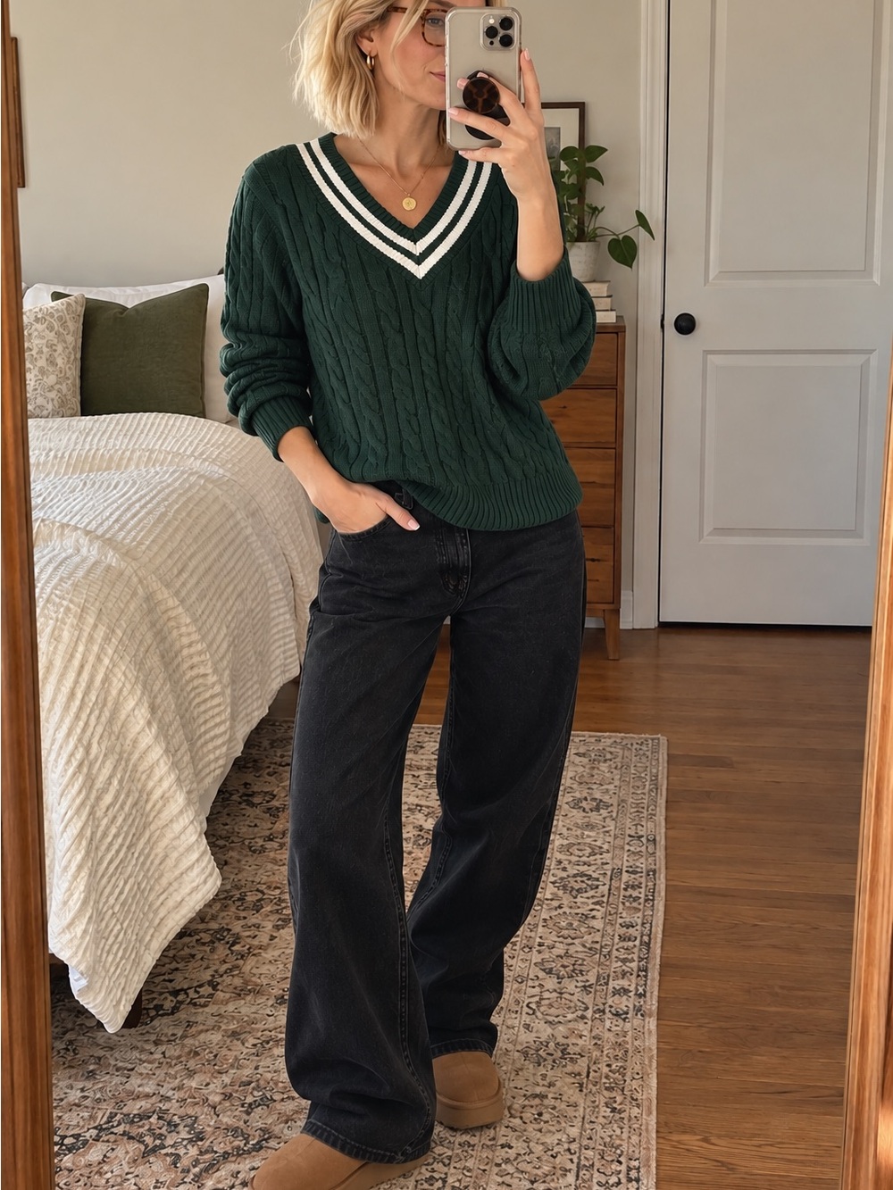 Lands’ End Forest Green 100% Cotton Cable Knit Varsity Sweater M